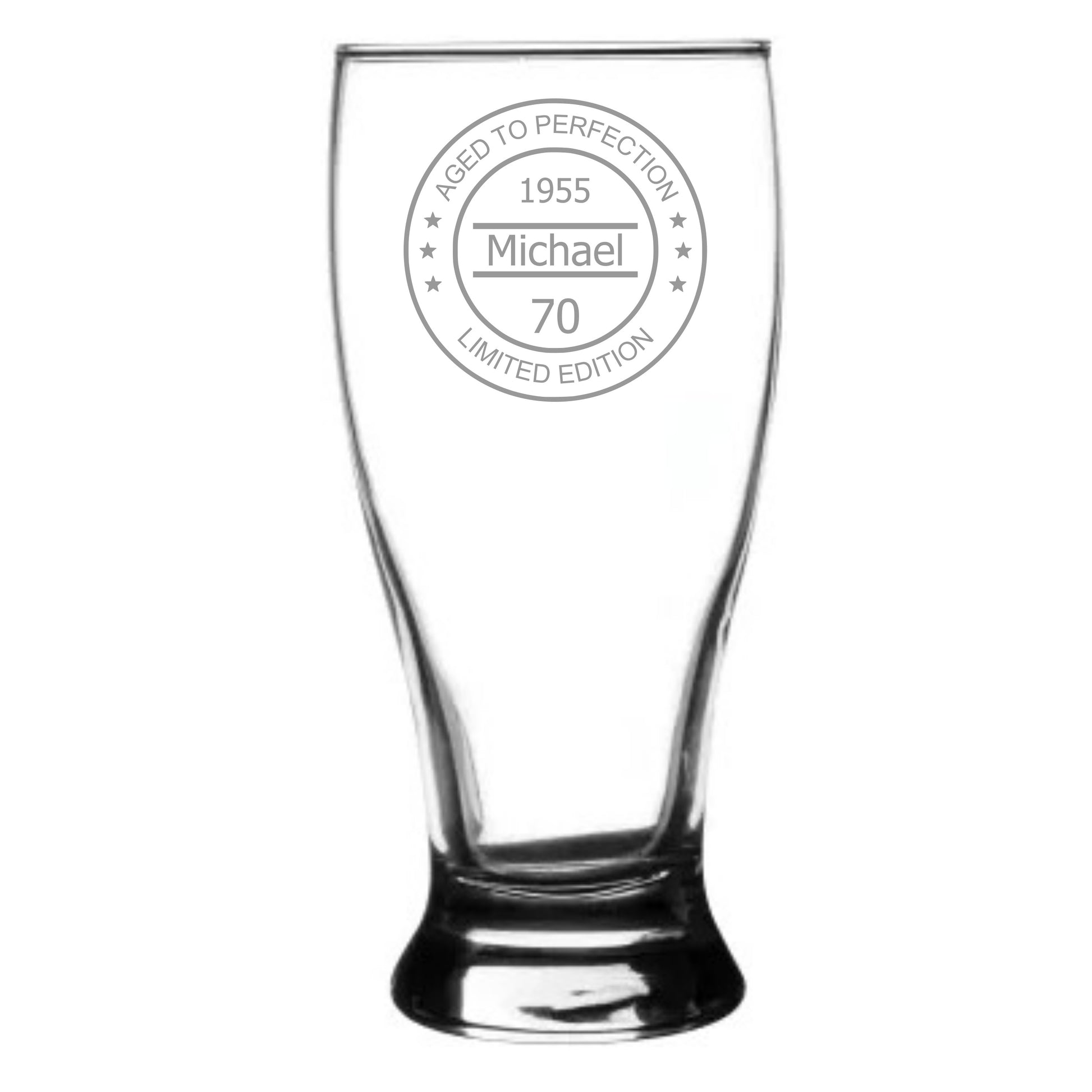 Clear glass with engraved text on a white background