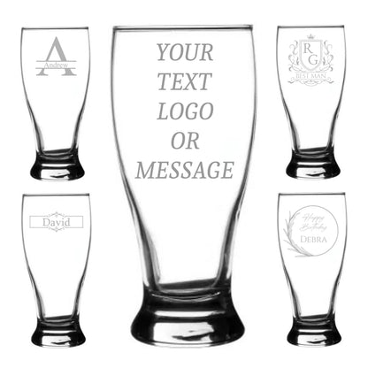 Set of personalized beer glasses with engraved text, logos, or messages on a white background.