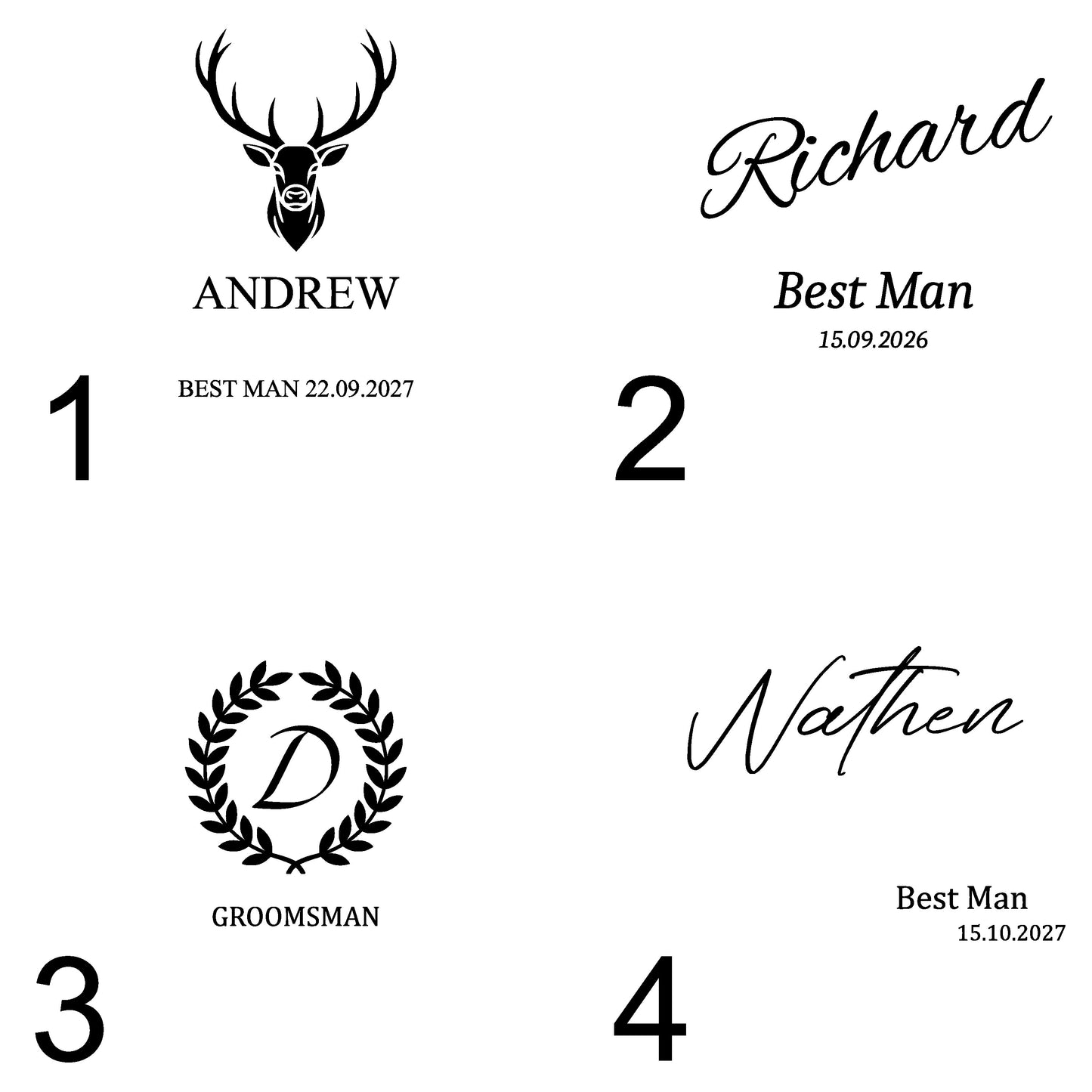 Set of personalized name and number labels with stag, wreath, and text design on a white background.