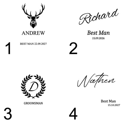 Set of personalized name and number labels with stag, wreath, and text design on a white background.