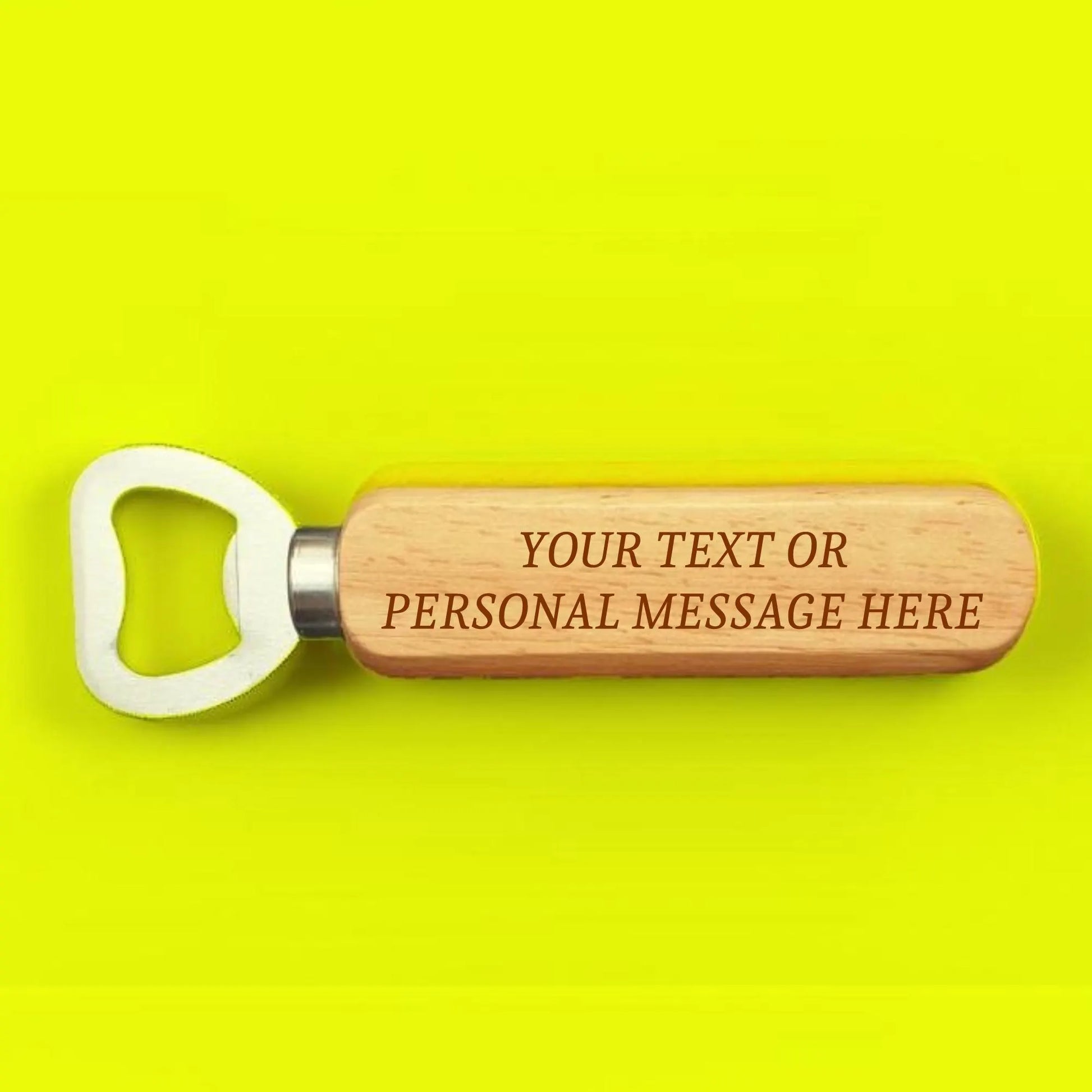 Wooden bottle opener with customizable text on a yellow background