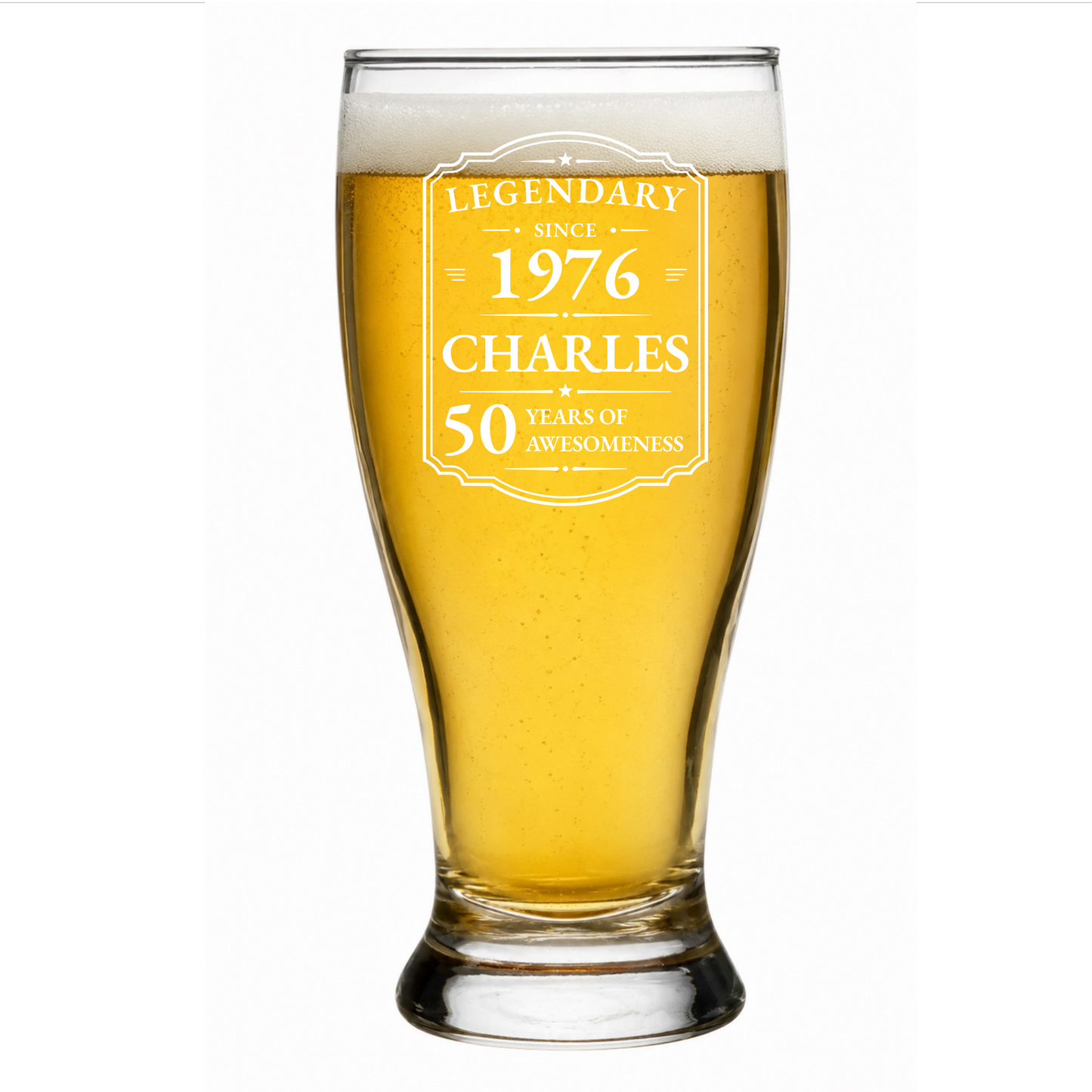Beer glass with 'Legendary Since 1976 Charles 50 Years of Awesomeness' text on a white background