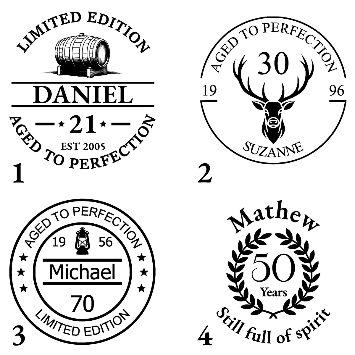 Four black and white personalized age stamps with different designs and text.