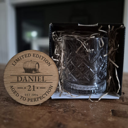 Personalised Whiskey Glass Birthday Gift Set: Whisky Barrel