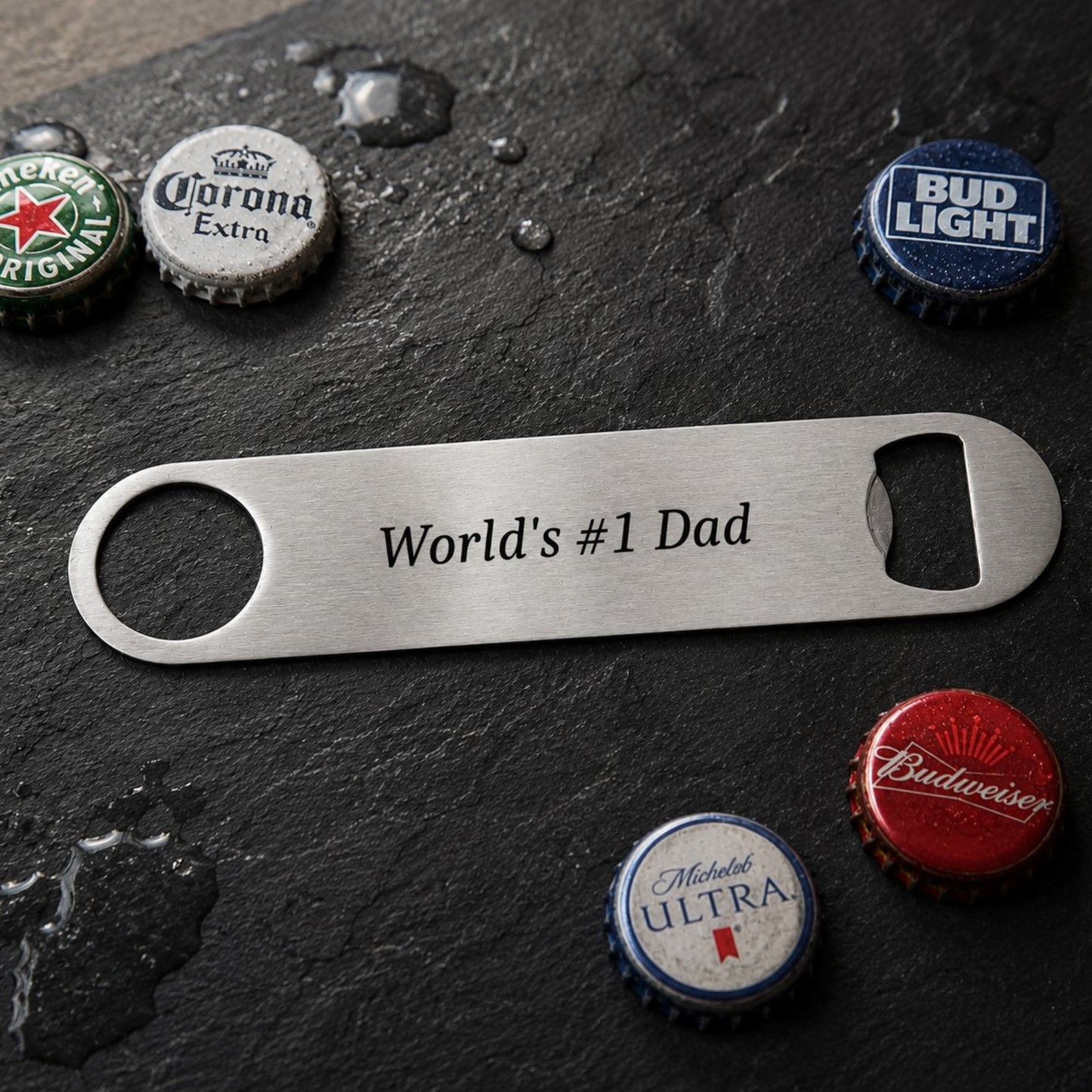 Bottle opener with 'World's #1 Dad' engraving on a dark surface with beer bottle caps.