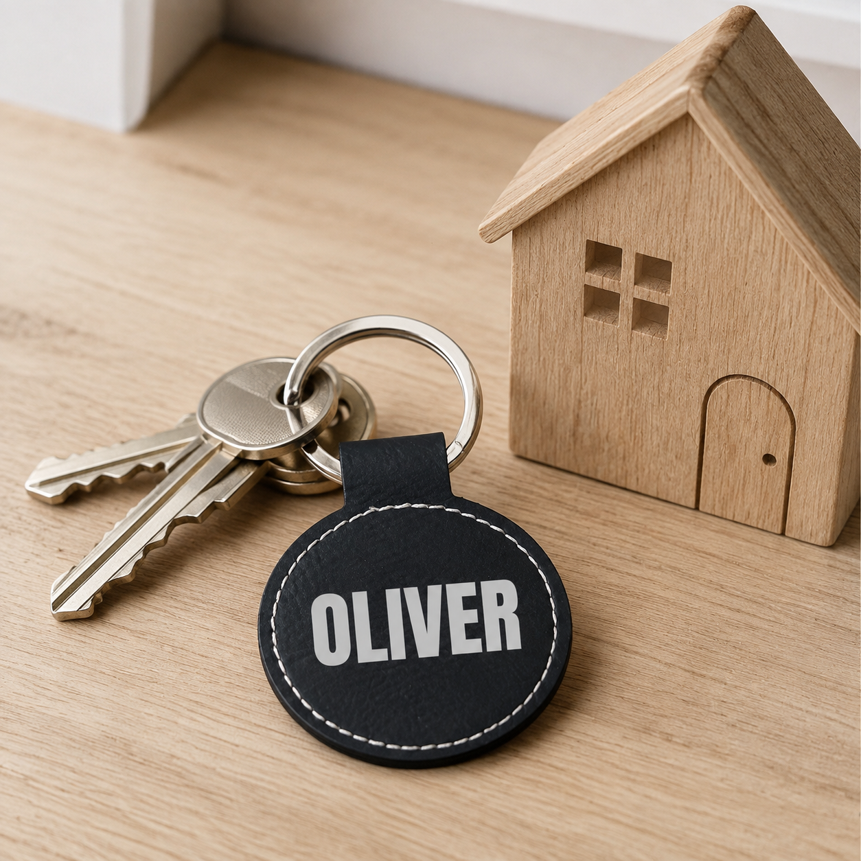 A personalized black leather keychain with the name 'OLIVER' in white text, attached to a silver keyring with keys, placed on a light wood surface next to a small wooden house model.