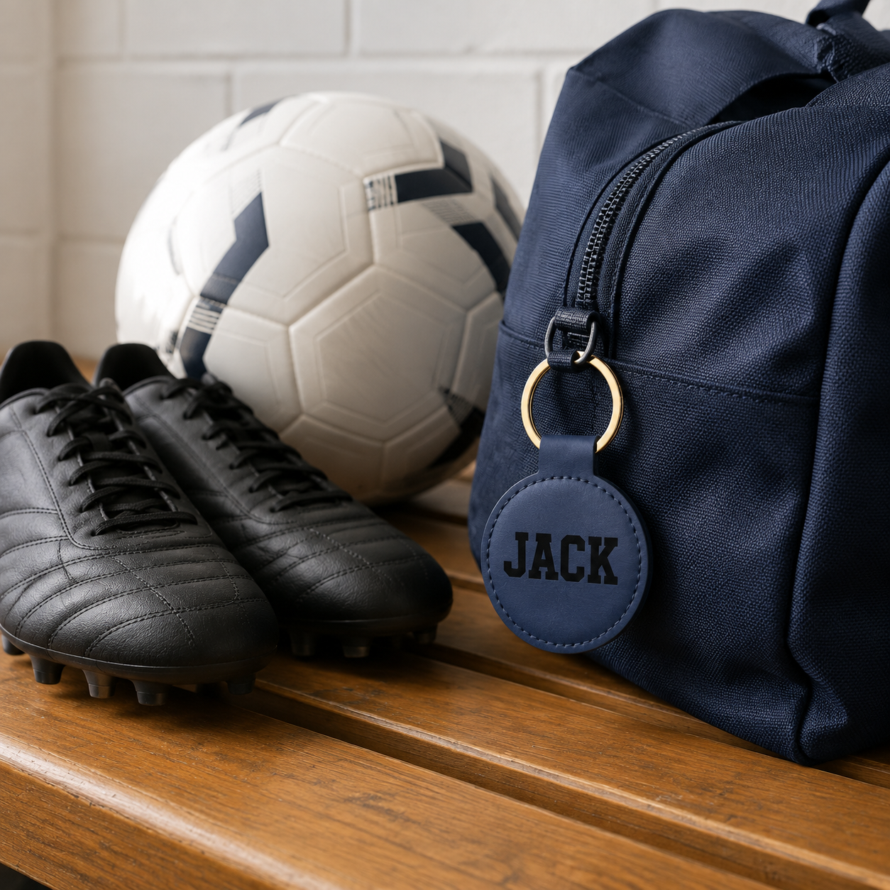 A navy blue sports duffel bag with a personalized round leather keychain engraved with the name 'JACK', styled on a wooden bench next to black soccer cleats and a white soccer ball.