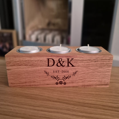 Oak Tealight Holder with 'D&K EST. 2008' engraving on a wooden surface.