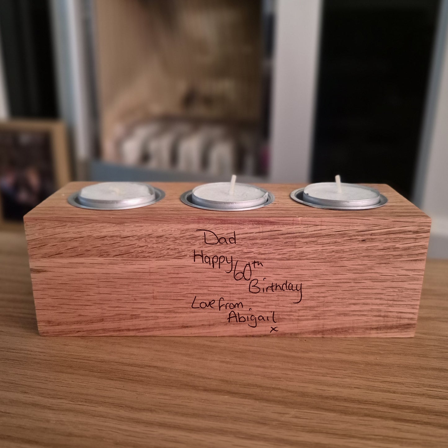 Personalised Handwritten Oak Tealight Holder – Engraved Wooden Holder for Tea Lights (3 Tealights)