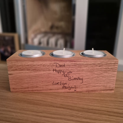 Personalised Handwritten Oak Tealight Holder – Engraved Wooden Holder for Tea Lights (3 Tealights)