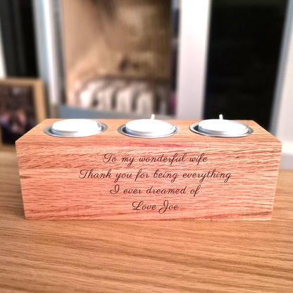 Personalised Handwritten Oak Tealight Holder – Engraved Wooden Holder for Tea Lights (3 Tealights)