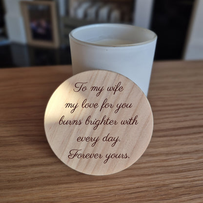 Soy candle with engraved wooden lid. Engraved message is personalised from one partner to another.