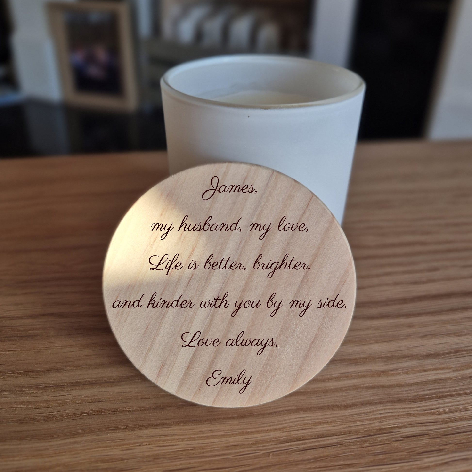 Soy candle with engraved wooden lid. Engraved message is personalised from one partner to another.