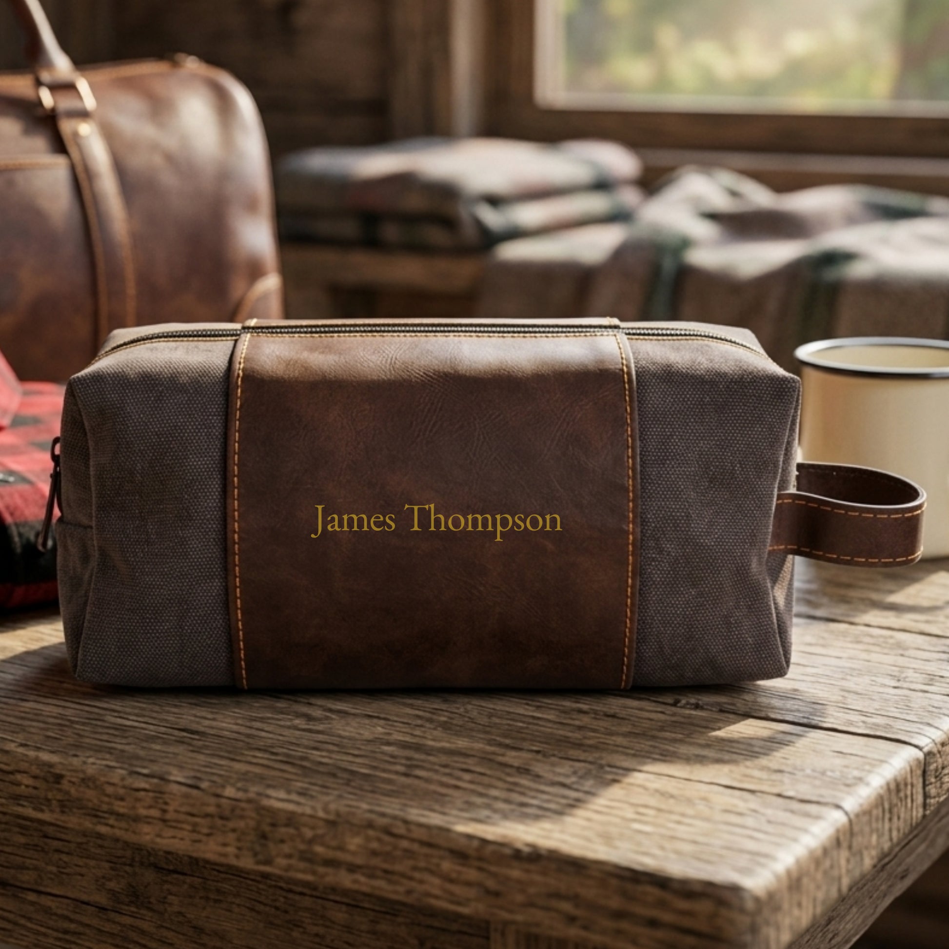 A personalized brown leather and canvas travel toiletry bag with the name 'James Thompson' embroidered in gold on the front, resting on a rustic wooden table in a cabin setting.