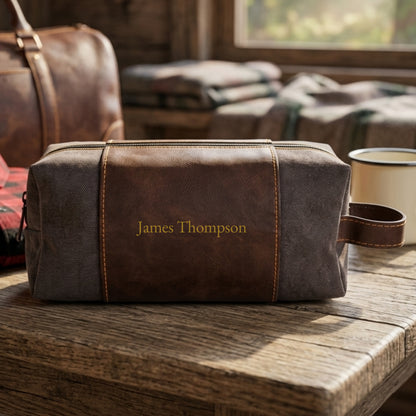 A personalized brown leather and canvas travel toiletry bag with the name 'James Thompson' embroidered in gold on the front, resting on a rustic wooden table in a cabin setting.