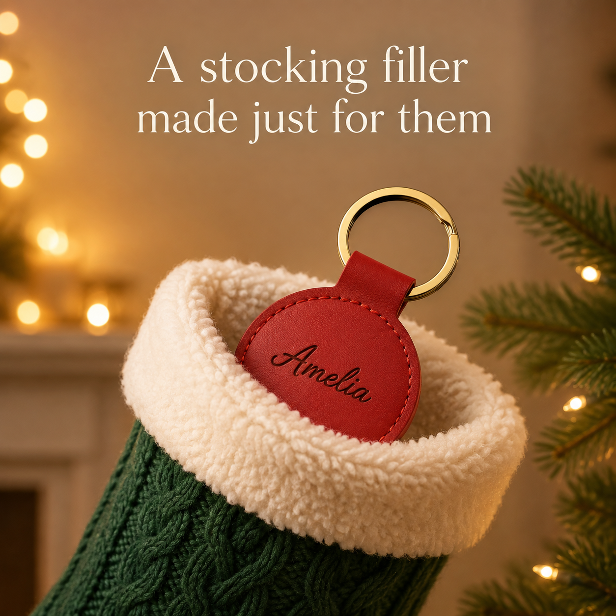 A close-up of a personalized Christmas stocking with a dark green cable-knit body, cream sherpa cuff, and a red leather tag attached with a gold ring. The tag is personalized with the name 'Amelia' in black script.