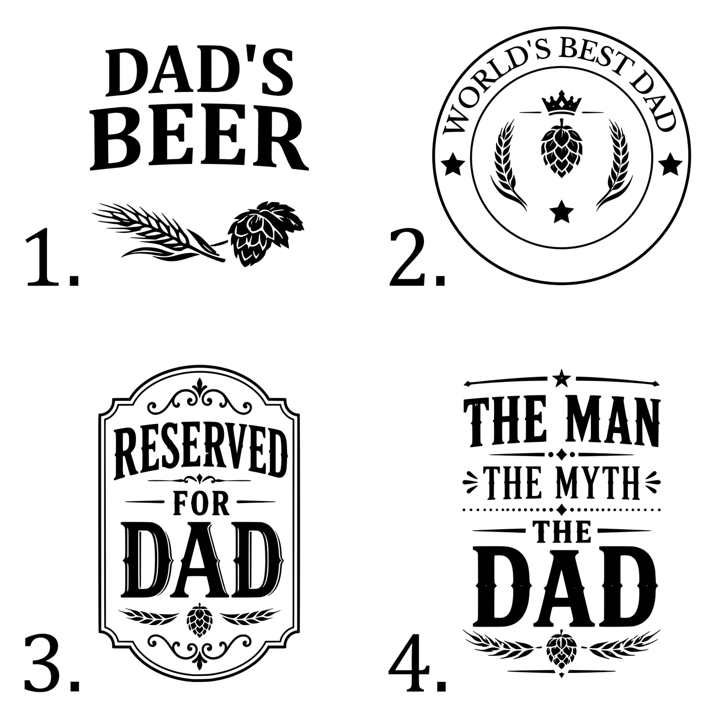 Set of four black and white father's day-themed designs on a white background.