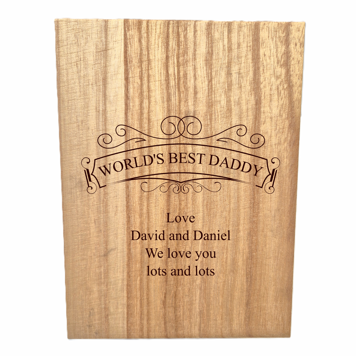 Wooden whisky set with engraved text 'World's Best Daddy' on a white background