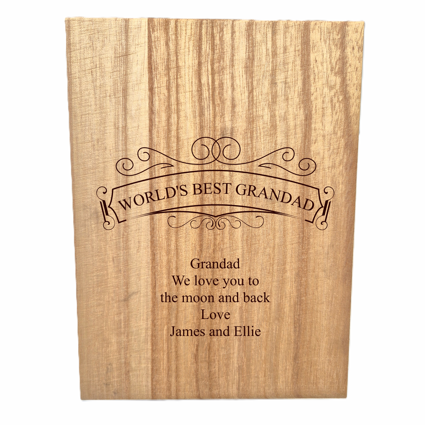 Wooden whisky set with engraved text 'World's Best Grandad' and personalized message.