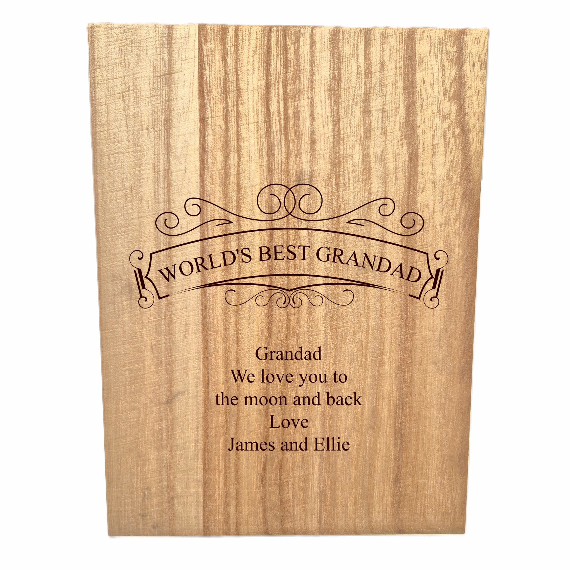 Wooden whisky set with engraved text 'World's Best Grandad' and personalized message.