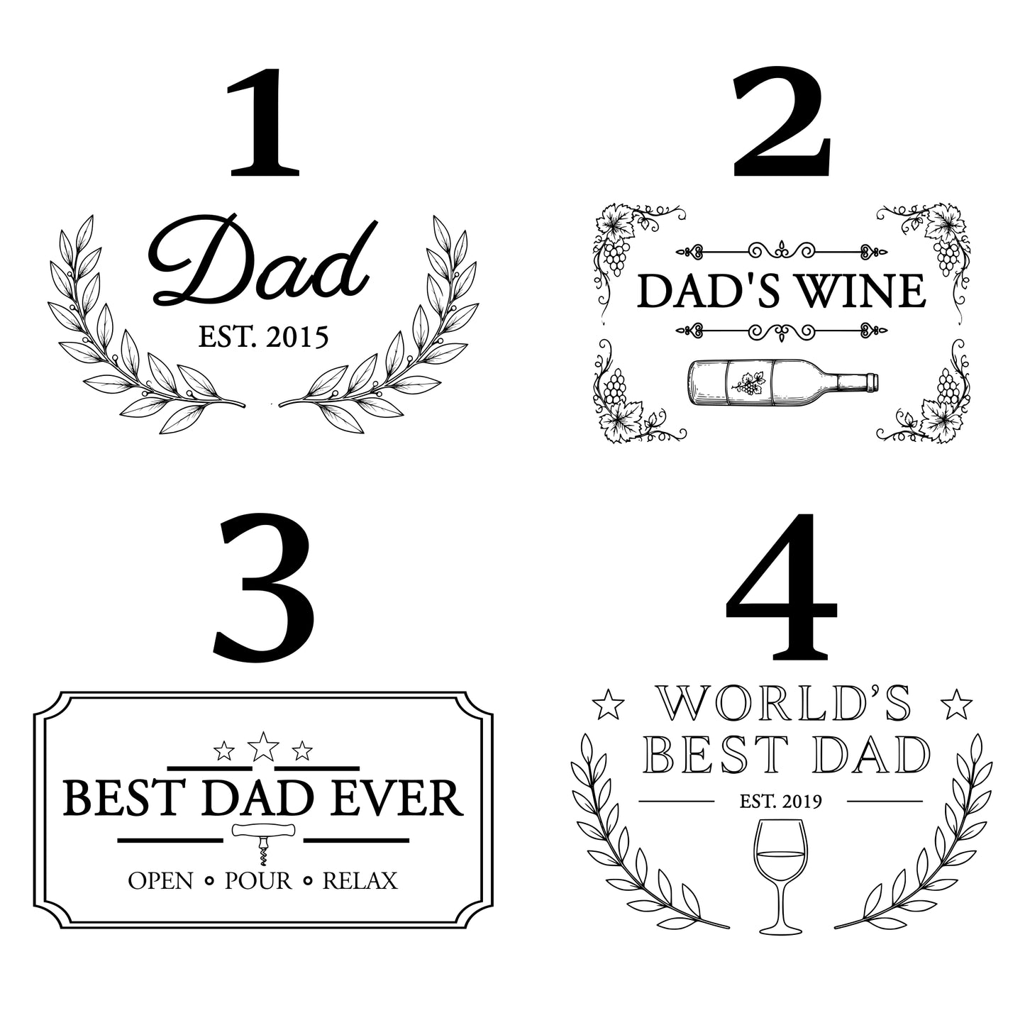 Set of four black and white father's day-themed designs on a white background