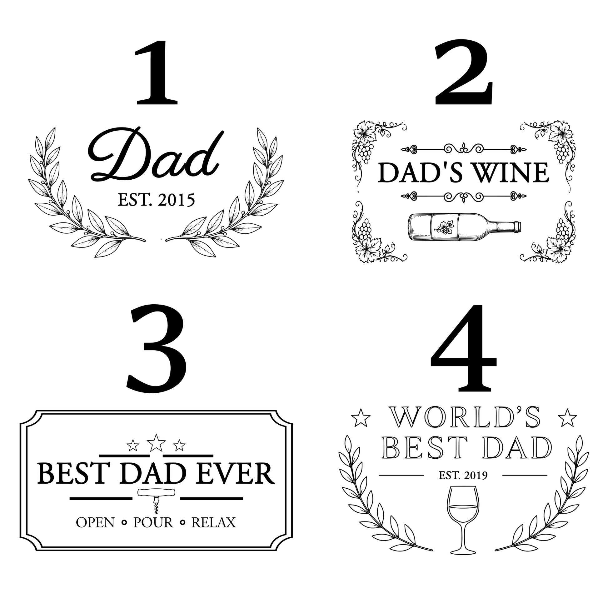 Set of four black and white father's day-themed designs on a white background