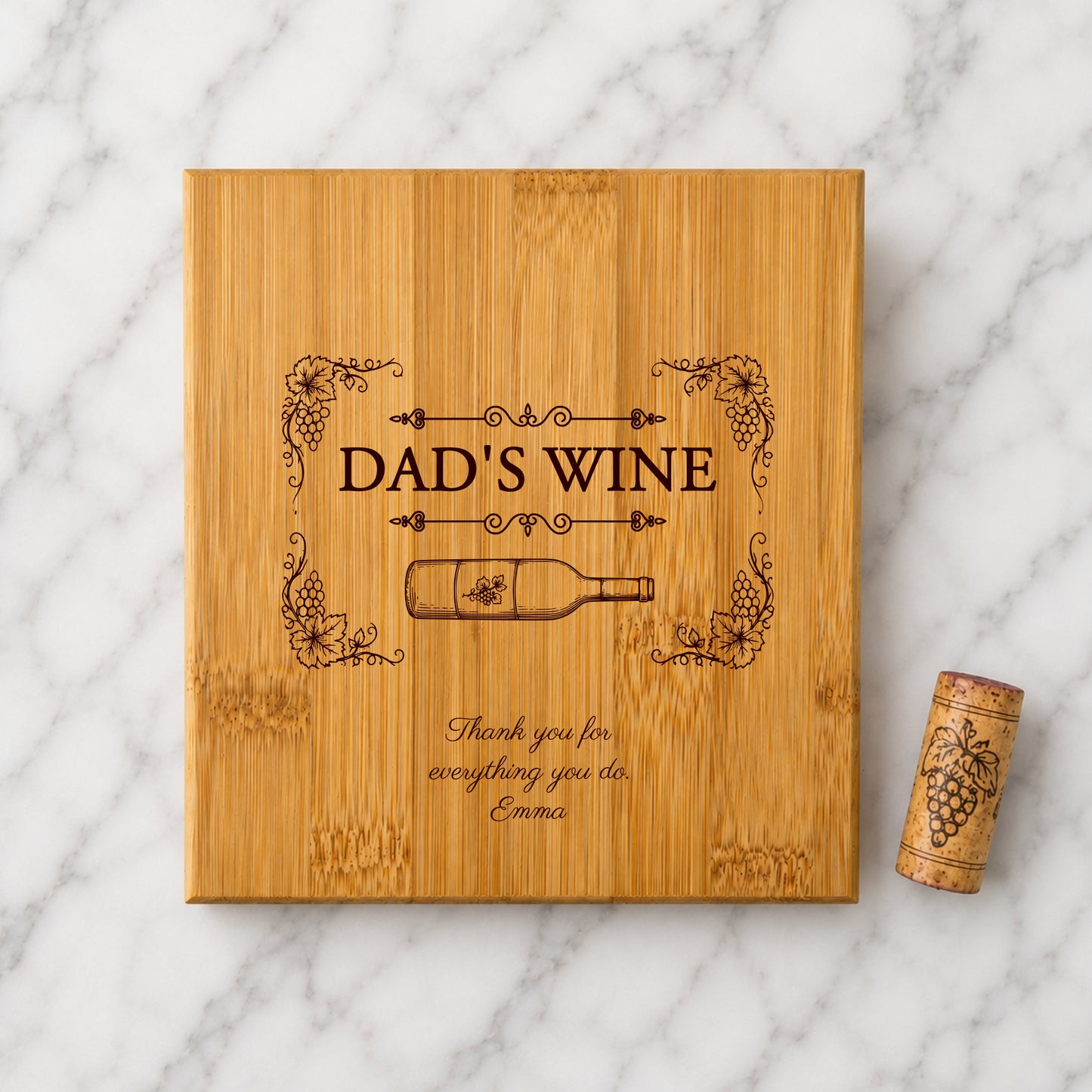 Wooden wine box with 'Dad's Wine' engraving on a marble background