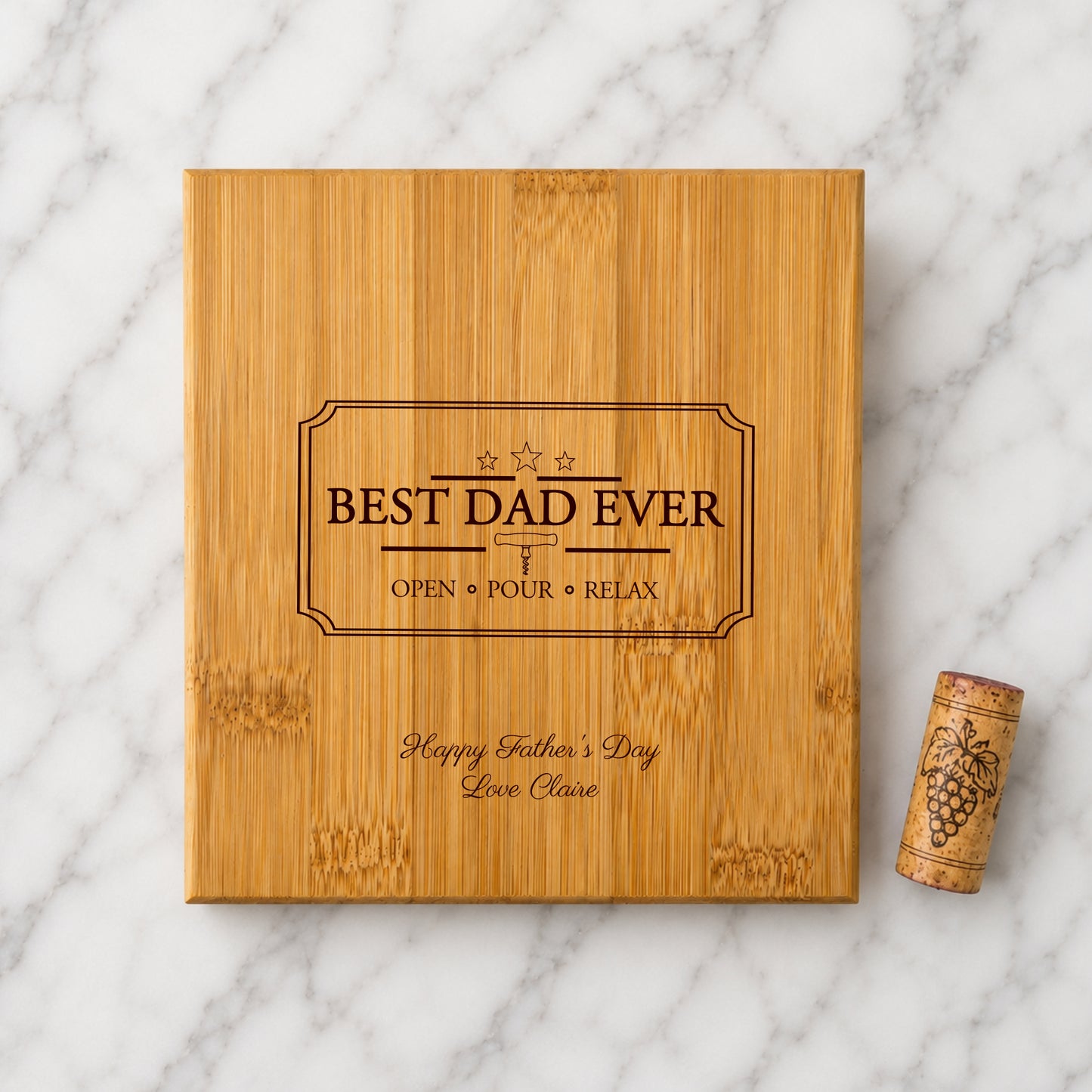 Wooden wine box with 'Best Dad Ever' engraving on a marble surface