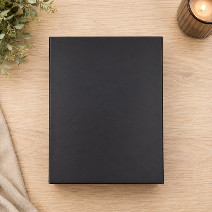 Black rectangular box on a wooden surface with a candle and plant in the background