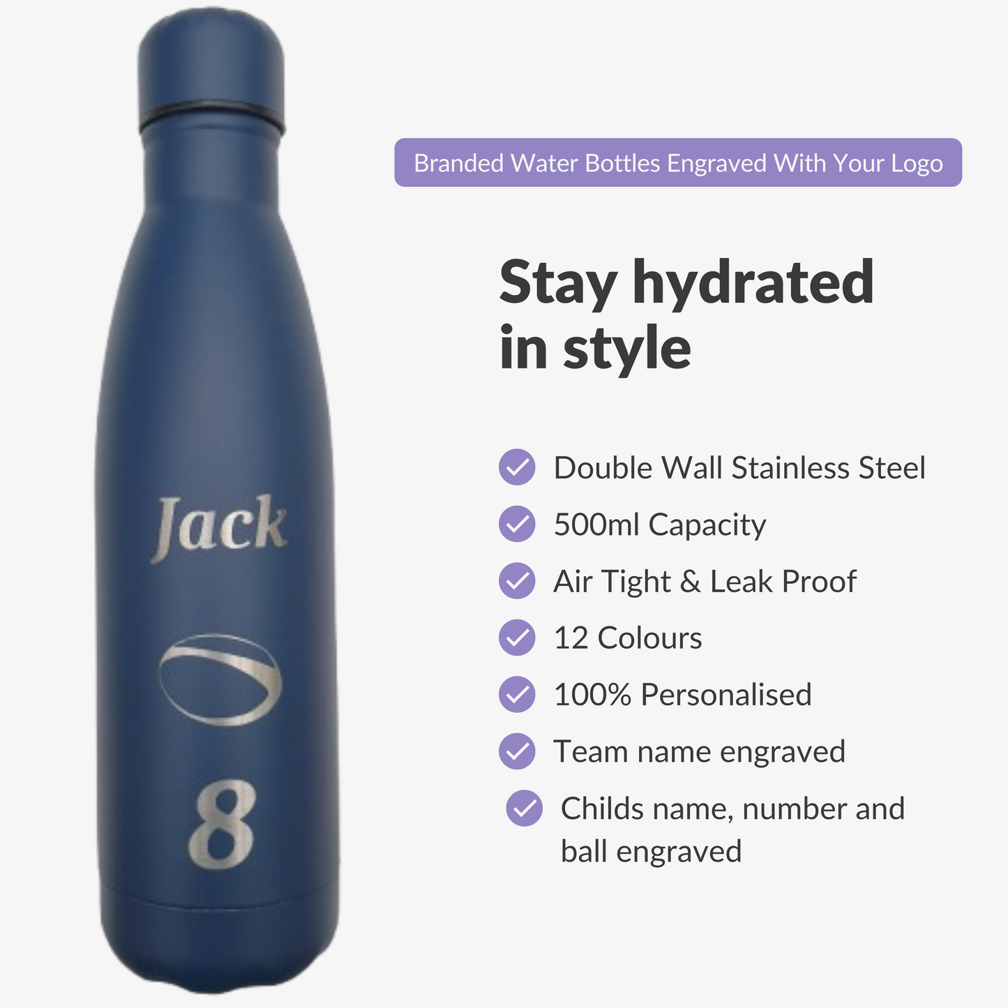 Personalised Engraved Team Water Bottles With Name And Squad Number