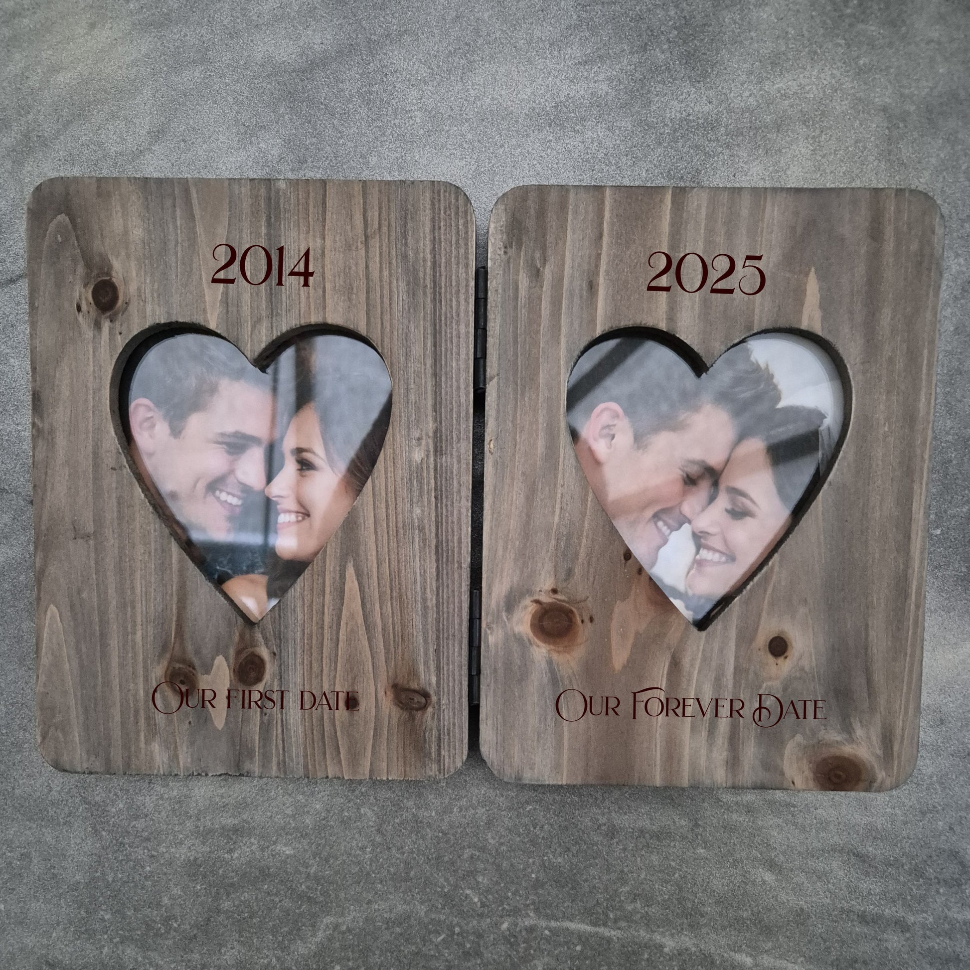 Double photo frame with heart cutouts showing a couple's photos from 2014 and 2025.