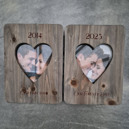 Double photo frame with heart cutouts showing a couple's photos from 2014 and 2025.