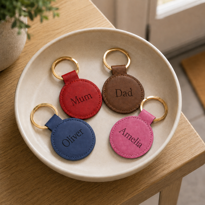 Four personalized round leather keychains in red, brown, blue, and pink, each engraved with a name and attached to a gold key ring, displayed on a beige ceramic plate on a wooden table.
