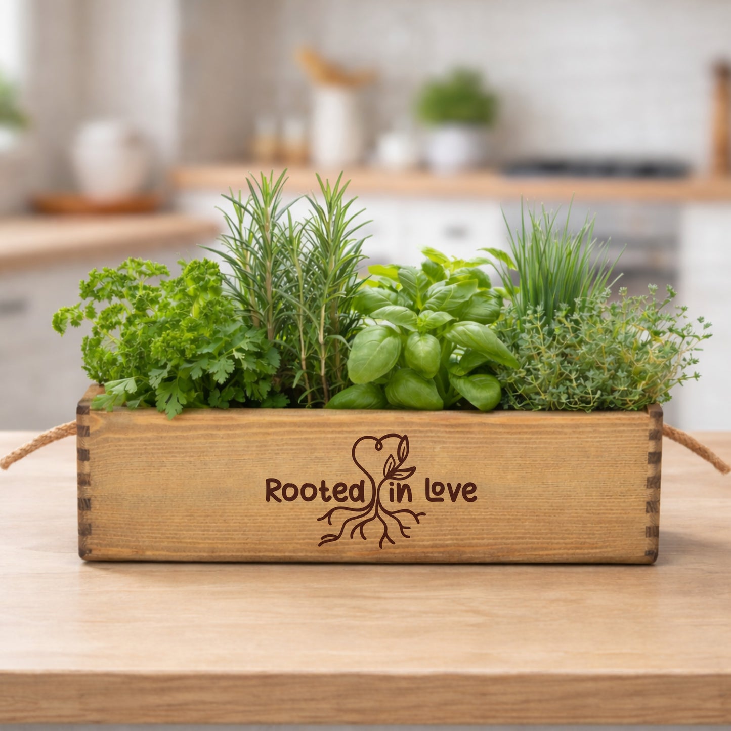 Wooden planter box with herbs on a kitchen counter, featuring 'Rooted in Love' engraving.
