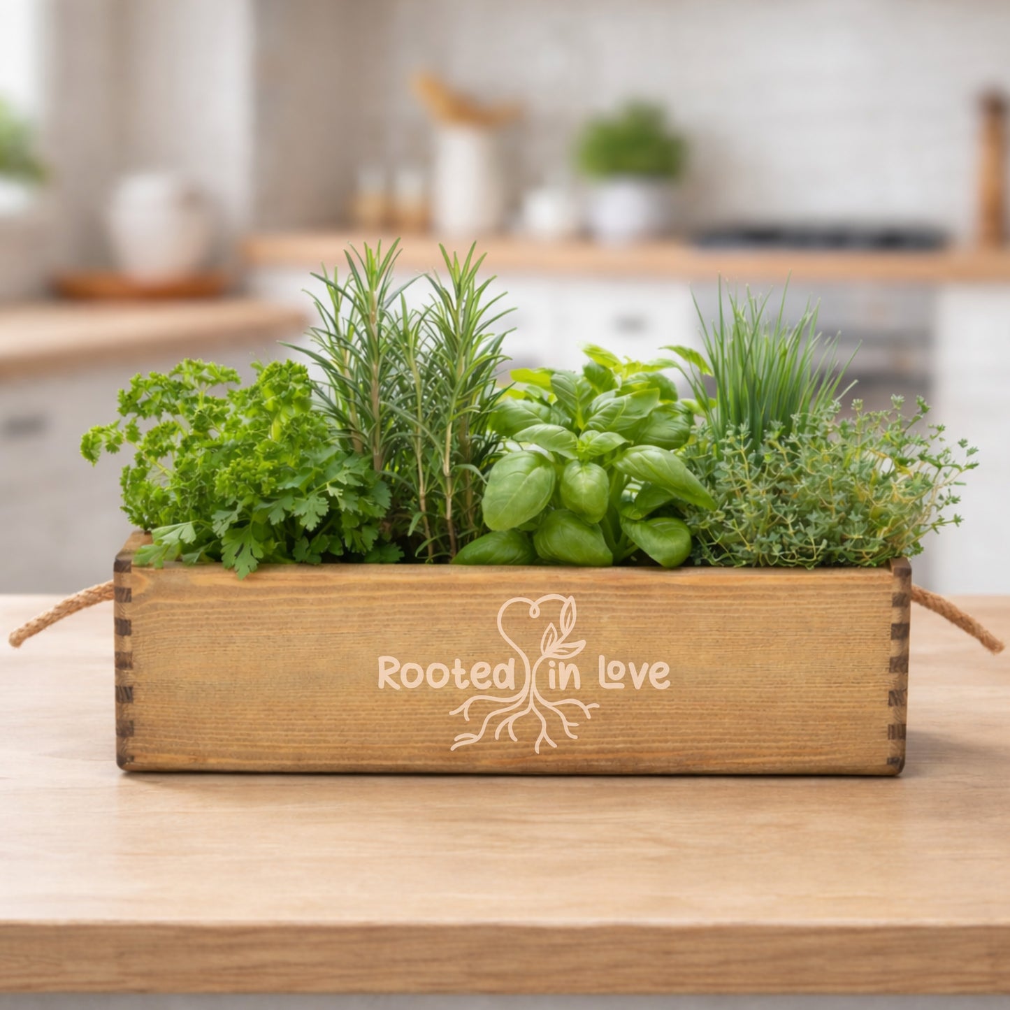 Brown mother's day planter with Rooted In love engraved to the front.