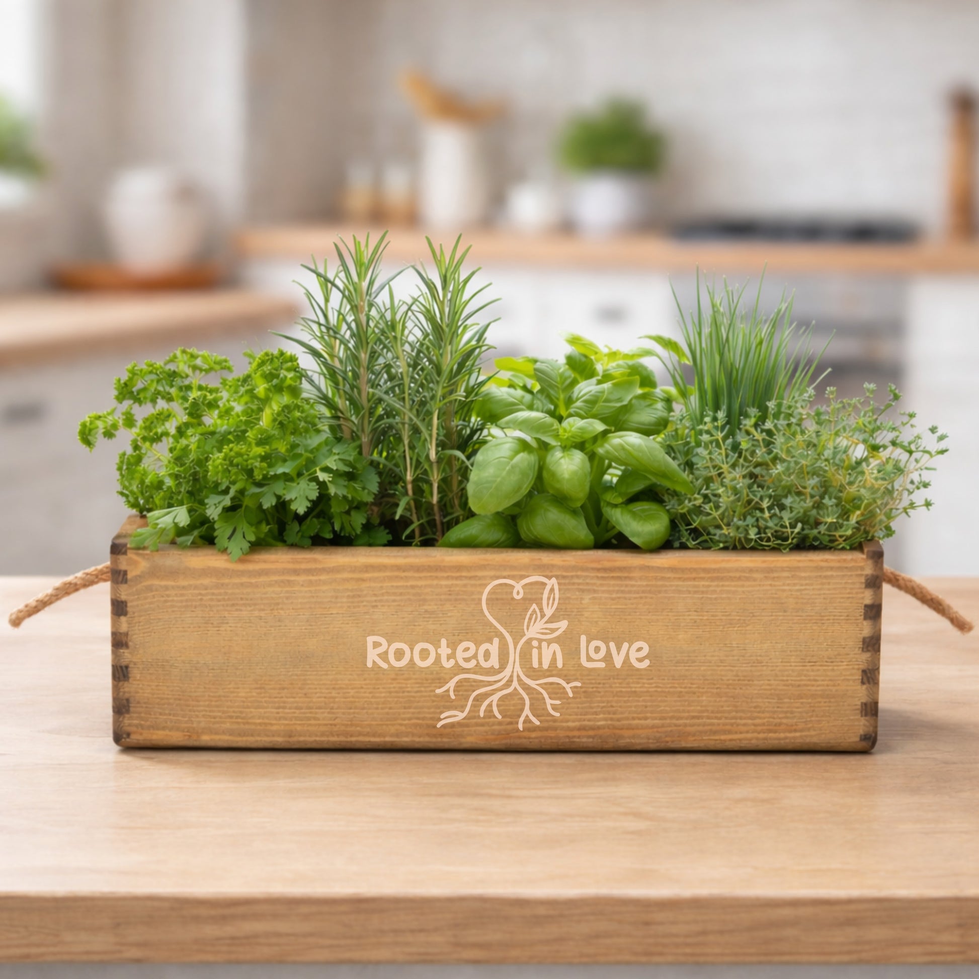 Brown mother's day planter with Rooted In love engraved to the front.
