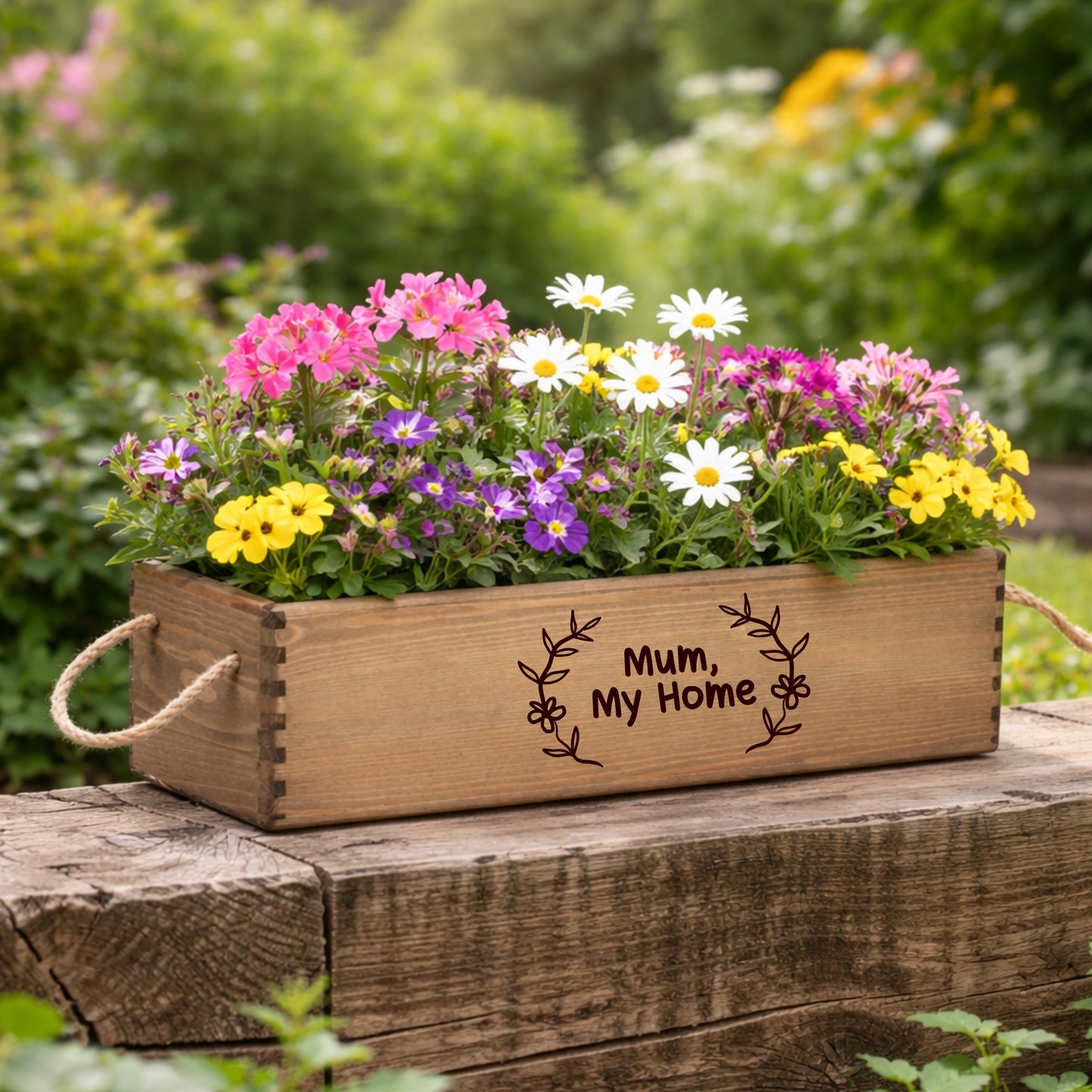 Wooden planter box with flowers and 'Mum, My Home' engraving on a wooden surface with a garden background.