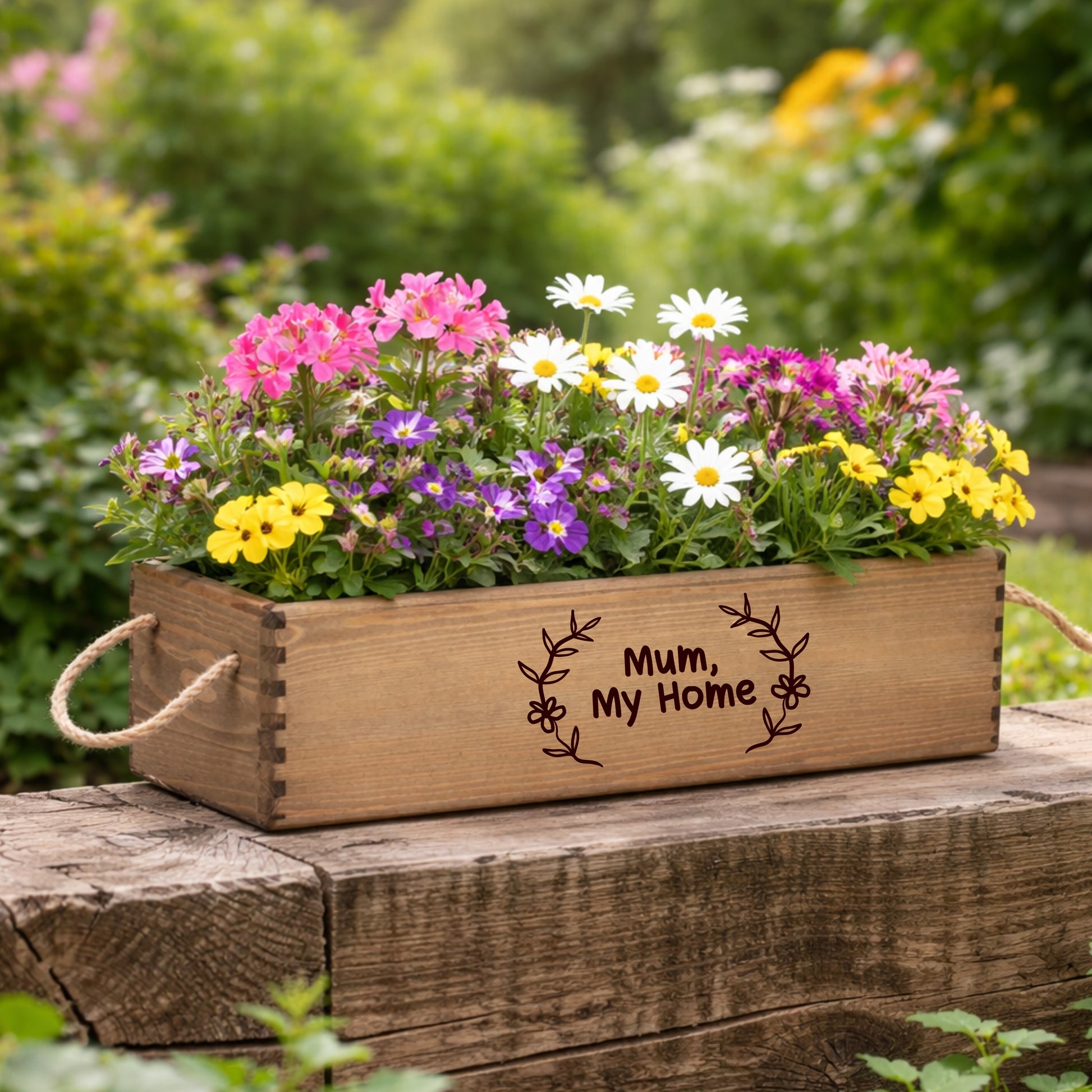Wooden planter box with flowers and 'Mum, My Home' engraving on a wooden surface with a garden background.