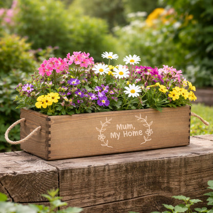 Brown mother's day planter with Mum My Home engraved to the front.