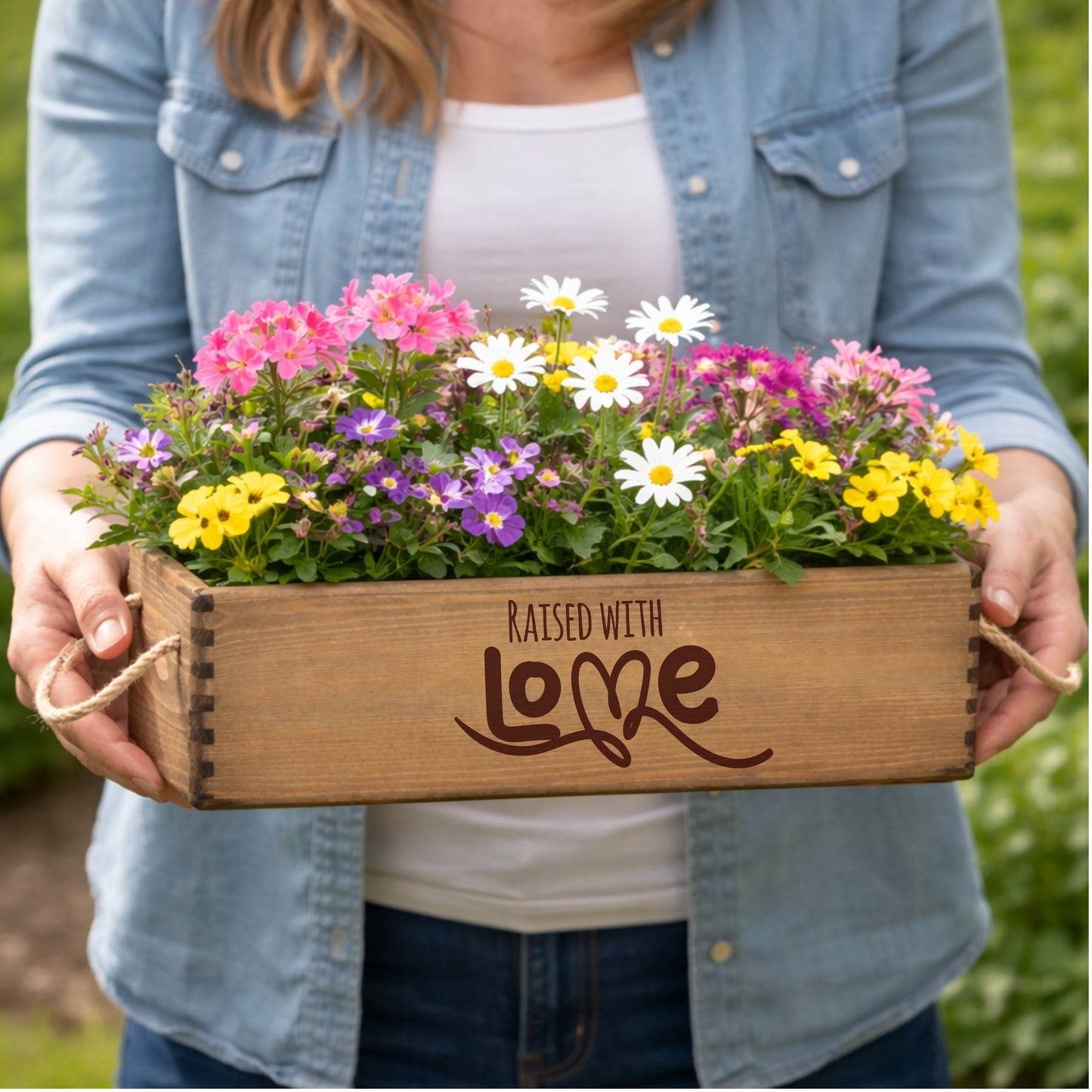 Person holding a wooden planter box with flowers and 'Raised with Love' engraving.