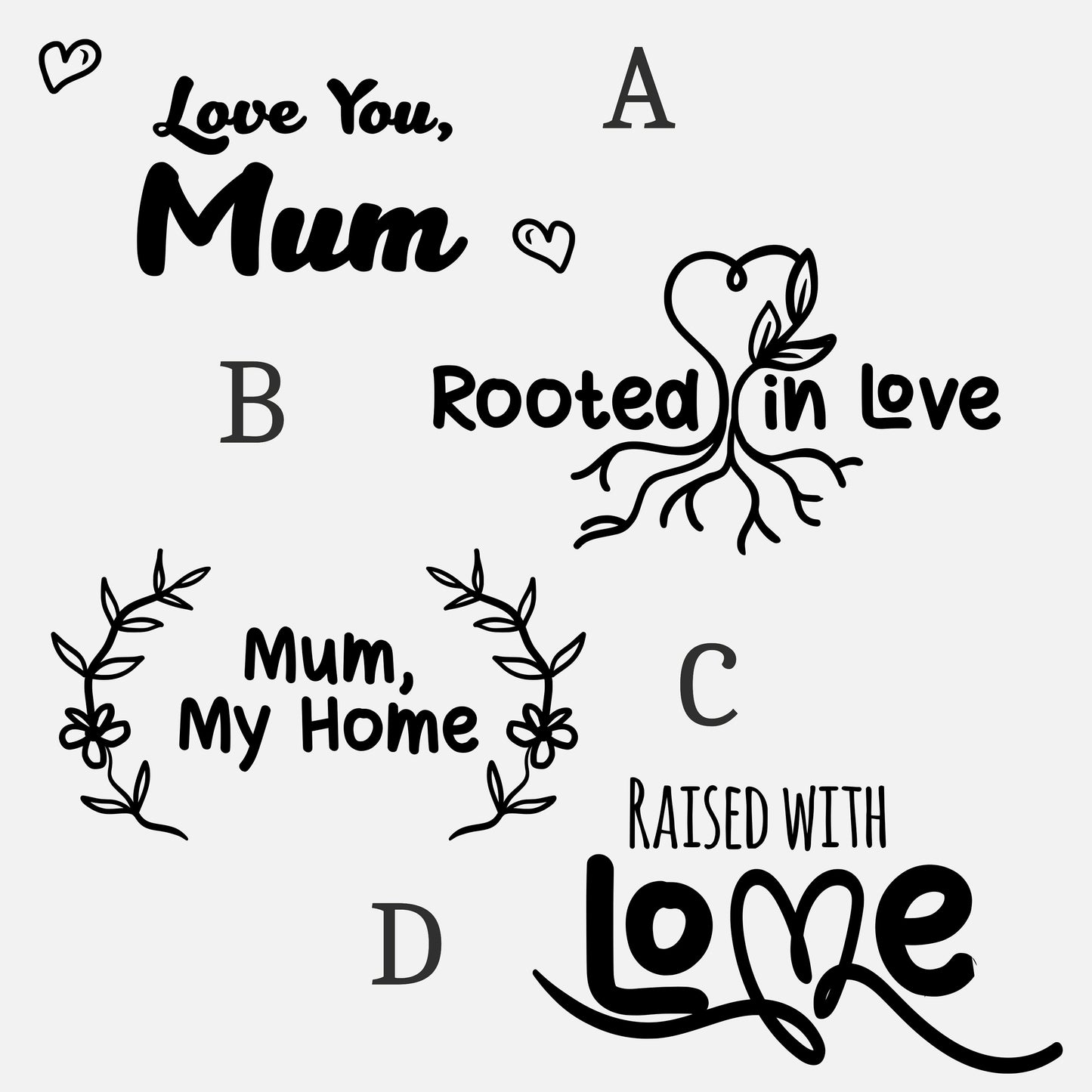 Set of black text and decorative elements on a white background