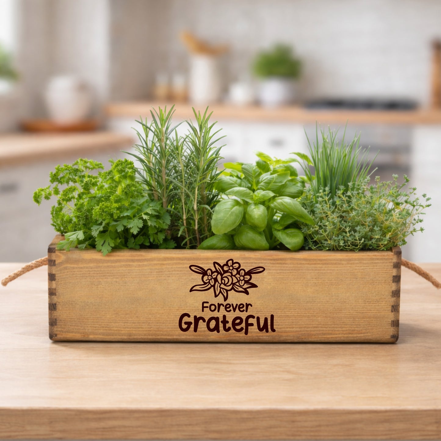 wooden planter with engraving on the front saying forever grateful.