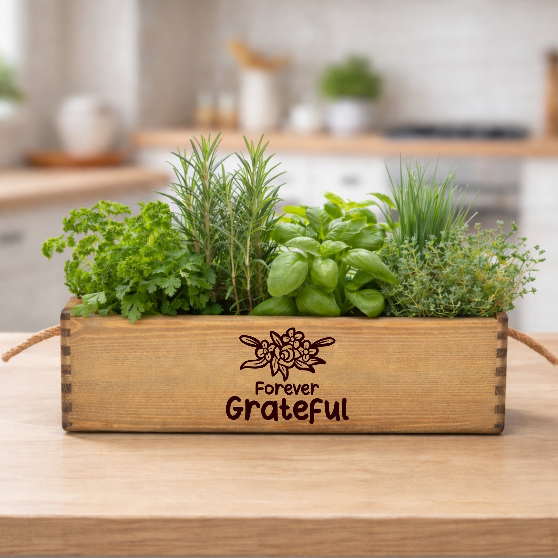wooden planter with engraving on the front saying forever grateful.