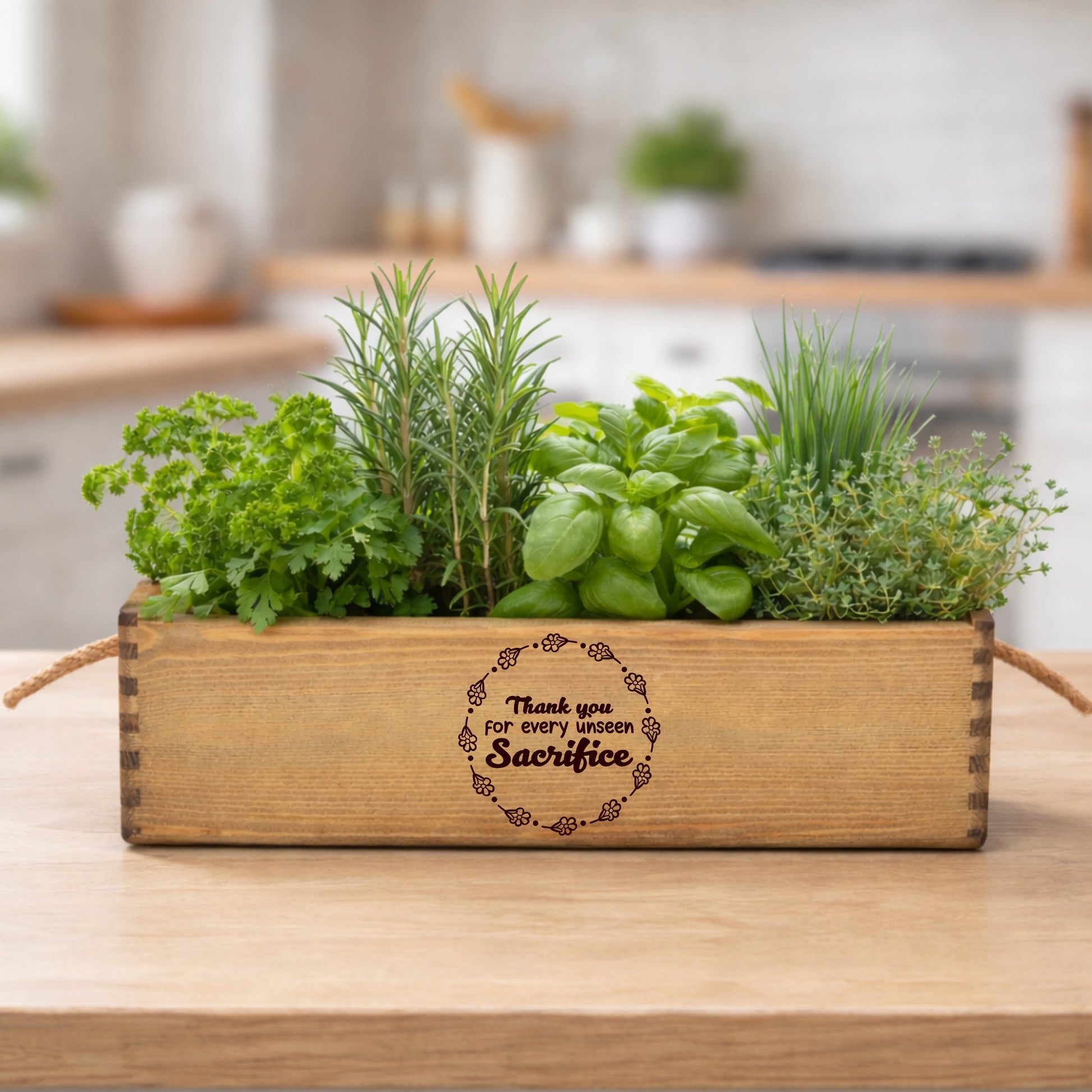Wooden planter box with herbs on a kitchen counter, engraved message 'Thank you for every little sacrifice'.