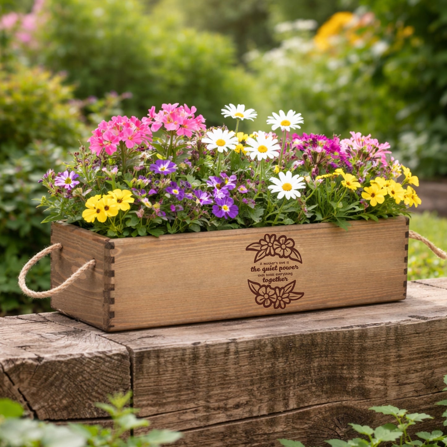Wooden planter box with flowers on a wooden surface in a garden setting. Personalised engraving to the front.