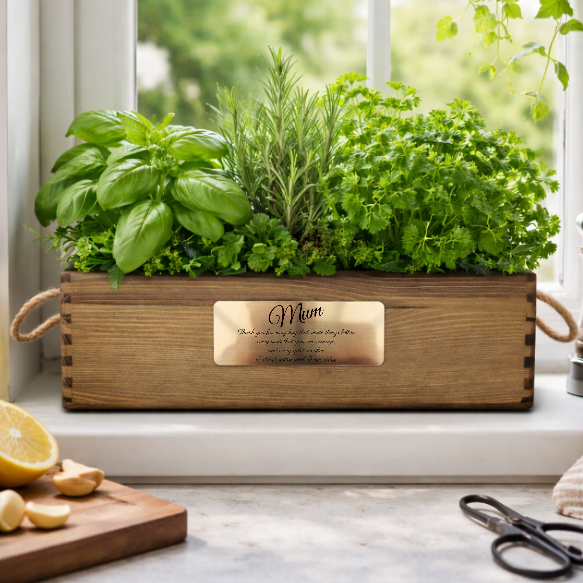 Wooden planter with herbs on a windowsill, featuring a 'Mum' plaque.