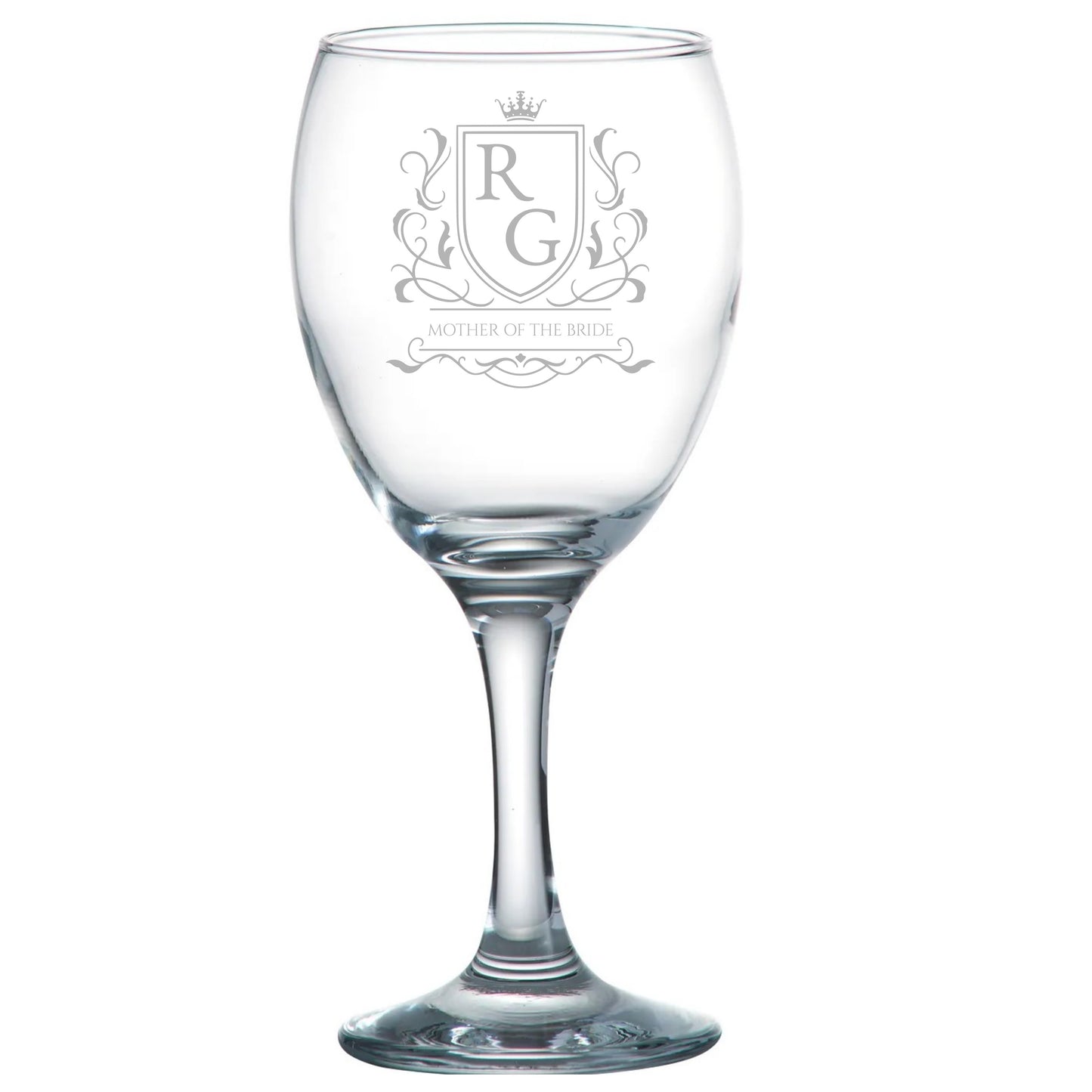 Clear wine glass with engraved crest and initials on a white background
