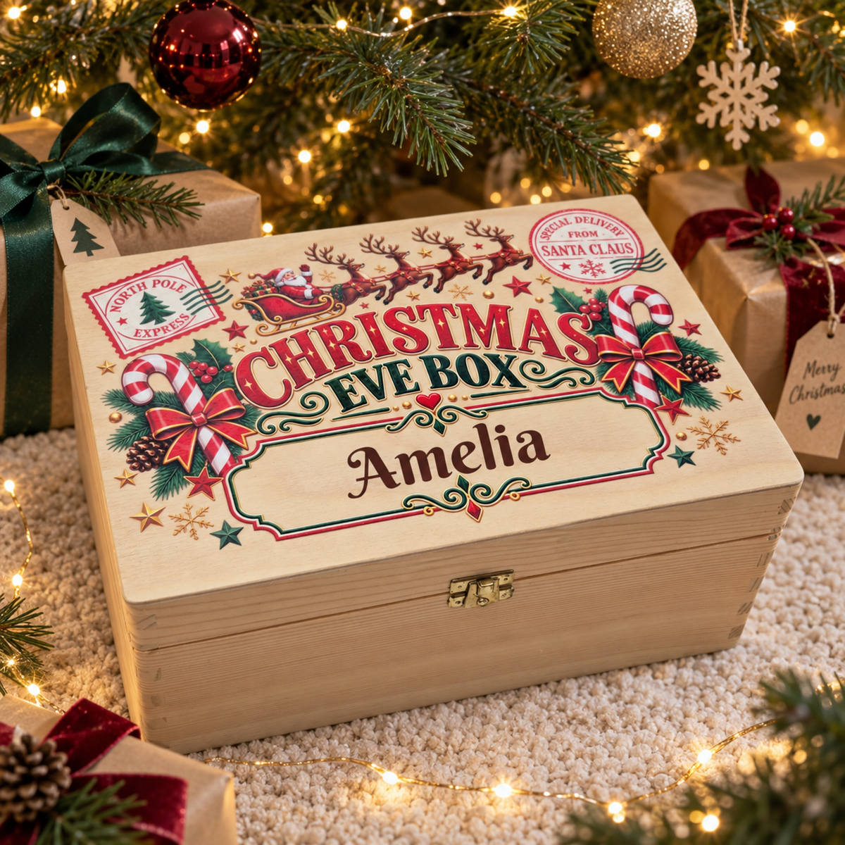 A personalized wooden Christmas Eve box with festive printed illustrations and the name 'Amelia' on the lid, styled on a white textured surface with holiday lights, pine branches, ornaments, and wrapped gifts in the background.