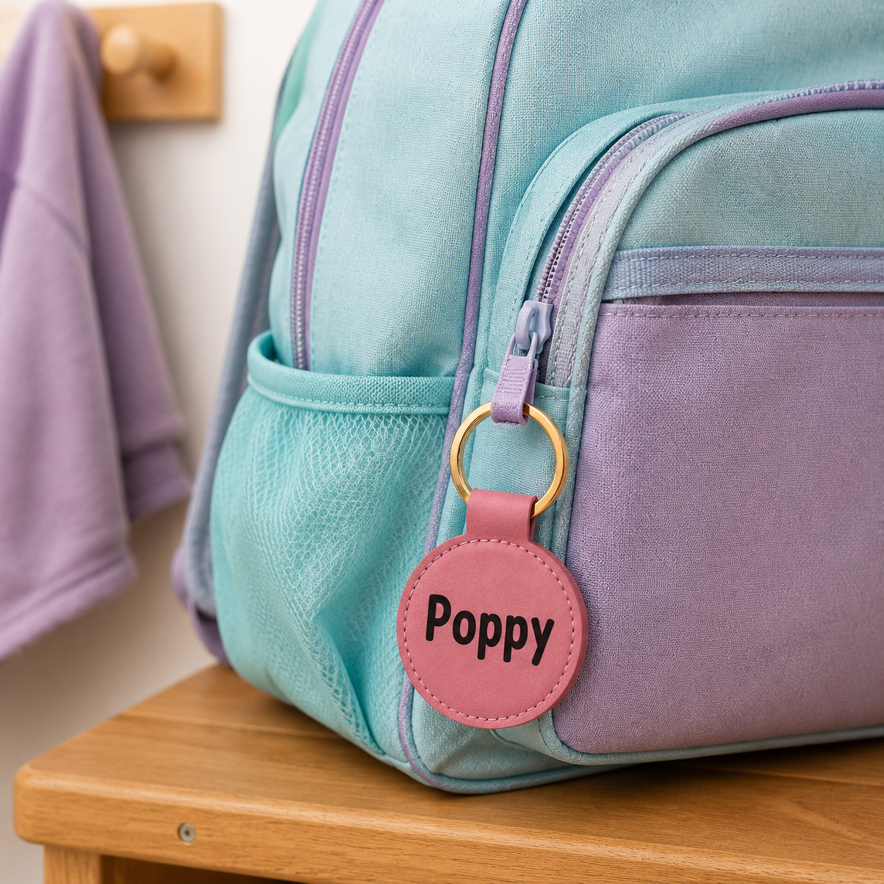 A pastel-colored backpack with a mint green and lavender purple body, featuring a pink circular leather key tag with the name 'Poppy' embroidered in black. The backpack is resting on a wooden surface next to a lavender towel.