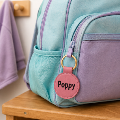 A pastel-colored backpack with a mint green and lavender purple body, featuring a pink circular leather key tag with the name 'Poppy' embroidered in black. The backpack is resting on a wooden surface next to a lavender towel.
